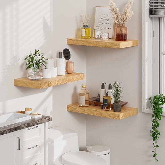 Heimlove 12" Deep Floating Shelves for Wall, 24 Inch Shelf Bathroom Shelves Set of 2, Mounted Shelves for Books Living Room Laundry Room Bedroom Kitchen Home Office, Oak