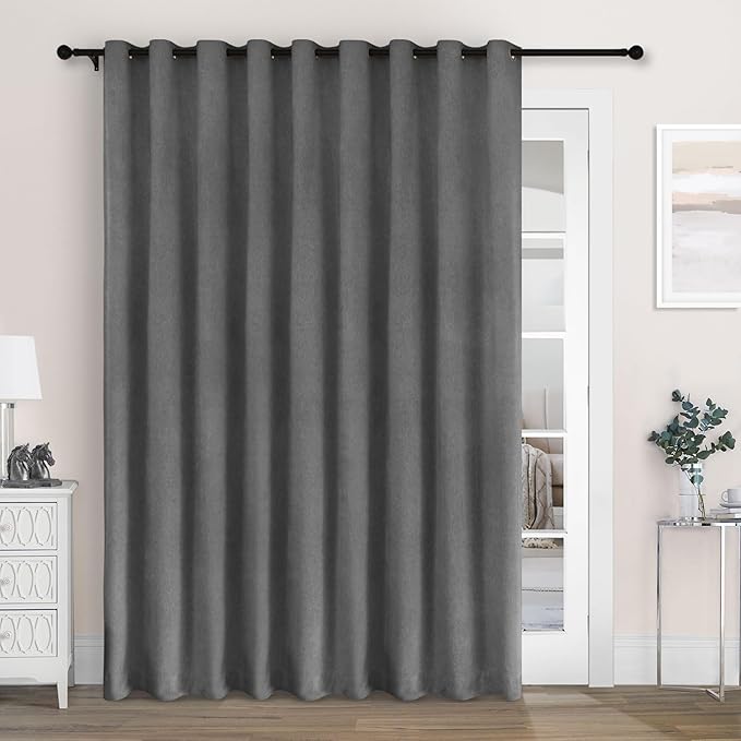 Macochico Extra Wide 100% Blackout Chenille Curtains 100" Wx96 L Thermal Drapes for Sliding Door Living Room Bedroom Auditorium Hotel Dark Grey Curtains Grommet Top with Tieback Classic 1 Panel