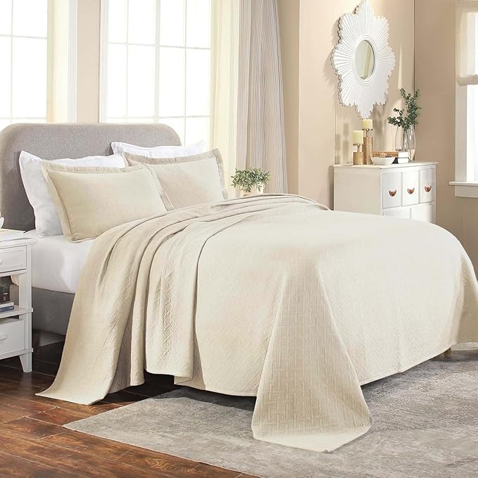 Superior 3 Piece Basketweave Cotton Bedspread Set, Home Bed Decor, Decorative Bed Spread, 2 Pillow Shams, Medium Weight Blanket, Matelasse Coverlet Bedding, Geometric Lattice Pattern, Queen, Ivory
