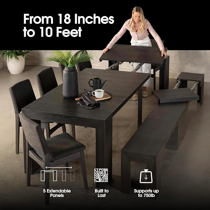 Transformer Table - Solid Wood Extendable Dining Table, Seats 2-12, Extendable Dining Room Table, Space-Saving Furniture, Expandable Dining Furniture (Black, Table + Bench)
