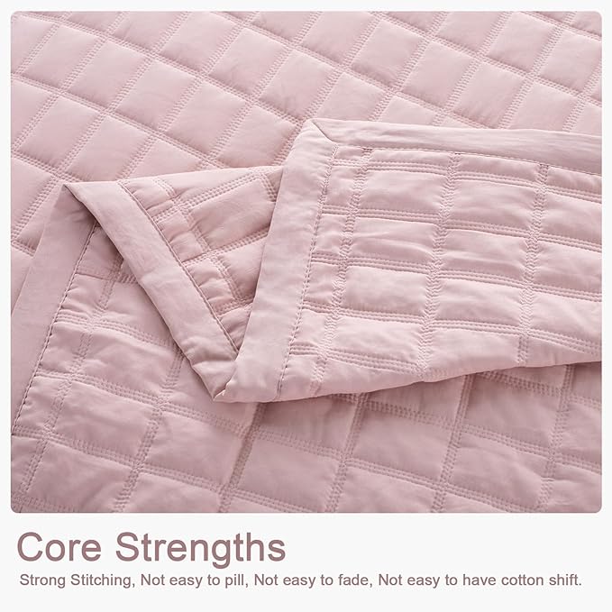 KASENTEX Queen Quilt Set 90"x90" – Soft Washed 3-Layer Lightweight Bedspread, Minimalist Nordic Design, All-Season Spring & Summer Quilt Set (1 Quilt + 2 Pillow Shams), Blush Pink