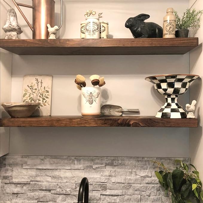 URBANDI, Rustic Floating Shelves, Set of 2, Hidden Bracket, Solid Wood, Heavy Duty, Wall Mounted Shelves, (Provincial, 24Wx6D)