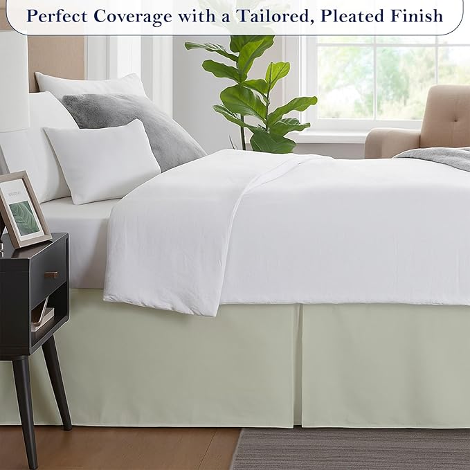 King Bed Skirt, Luxury 15 Inch Drop Ivory Pleated Bed Skirt, Double Brushed Microfiber, Box Pleat Design, Wrinkle & Fade Resistant, Easy Fit Tailored Bedskirt for King Size Beds