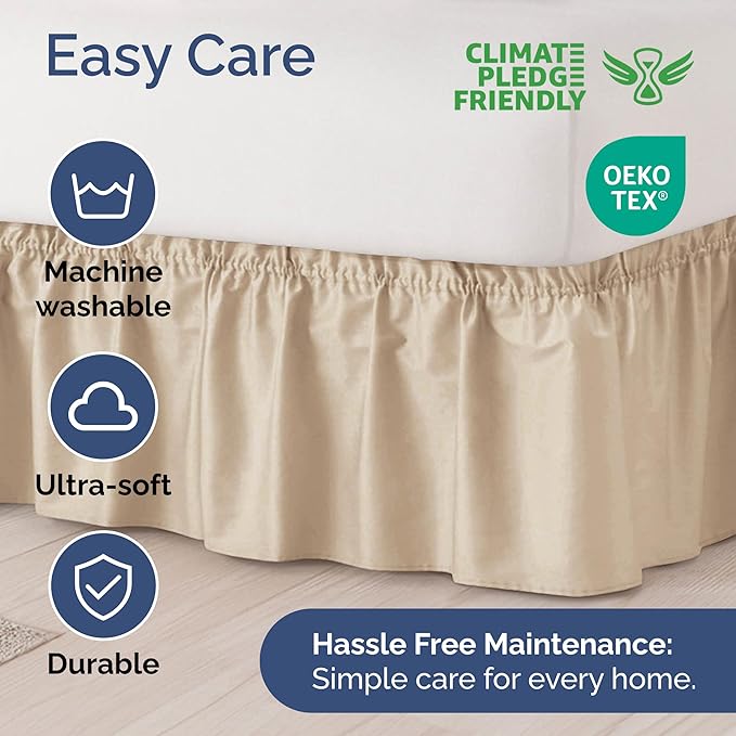 Wrap Around Dust Ruffle Bed Skirt - Cream - for Queen Size Beds with 15 in. Drop – Easy Fit Elastic Strap - Pleated Bedskirt with Brushed Fabric - Wrinkle Free, Machine Wash - by CGK Linens