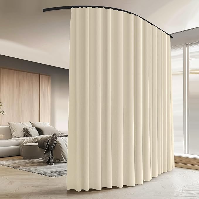 Room Divider Curtains with Ceiling Curtain Track Set Window Curtain for Bedroom,Living Room Total Blackout Thermal Insulated Privacy Ceiling Track Curtain W 12 × H 8 FT Beige drape&Black track