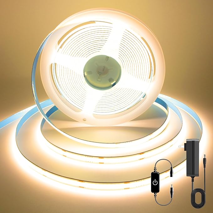 COB LED Strip, Warm White LED Strip Lights 16.4ft, 3000K COB LED Light Dimmable LED Strip, CRI92+, 8mm Width, 24V Flexible COB LED Tape Light for TV, Bedroom, Kitchen Cabinet, Closet, Home.