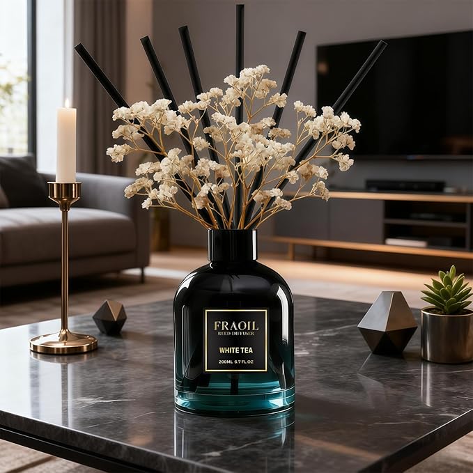 Sandalwood Reed Diffuser, Reed Diffuser Set 6.7 fl oz (200 ml) with 6 Reed Sticks, Home Fragrance Reed Diffuser for Bathroom Shelf House Bedroom Office Decor