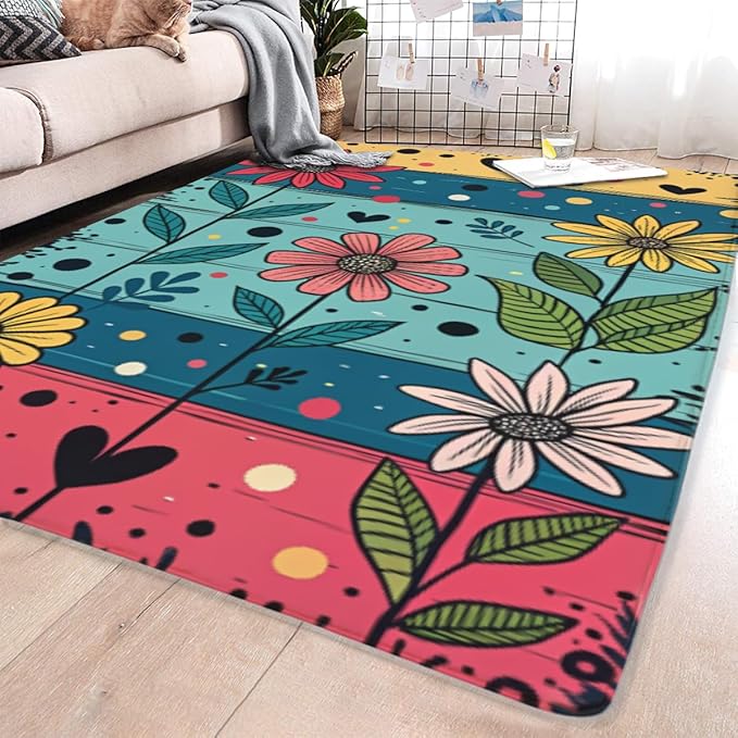 Machine Washable 3' x 5' Folk Art Print Style Area Rug, Flowers Floor mat, Suitable for bedrooms, Girls' Room Bedside, Living Room, Dining Room, Office, Non-Slip Low-Pile Retro, Fashionable Carpet