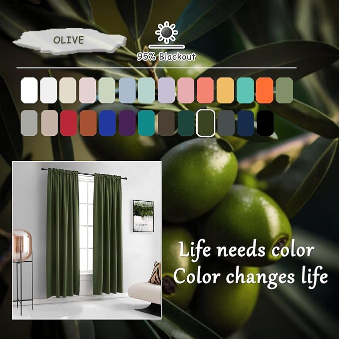 DONREN Loden/Dark Olive Green Blackout Curtains 52 Inch with by90 Inch Length for Bedroom - 2 Panels Patio Glass Door Curtain Panels,Livingroom Room Darkening Thermal Insulated Drapes