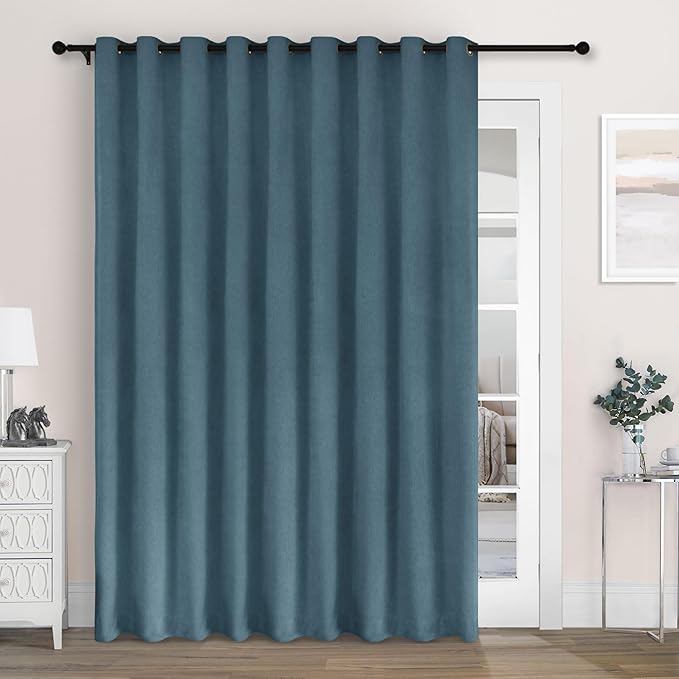 Macochico 100% Blackout Chenille Curtains for Sliding Door Thermal Insulated Noise Reducing Drapery for Living Room Bedroom Hotel, Grommet Curtains with Tieback, Teal Blue, 120" Wx96 L 1 Panel