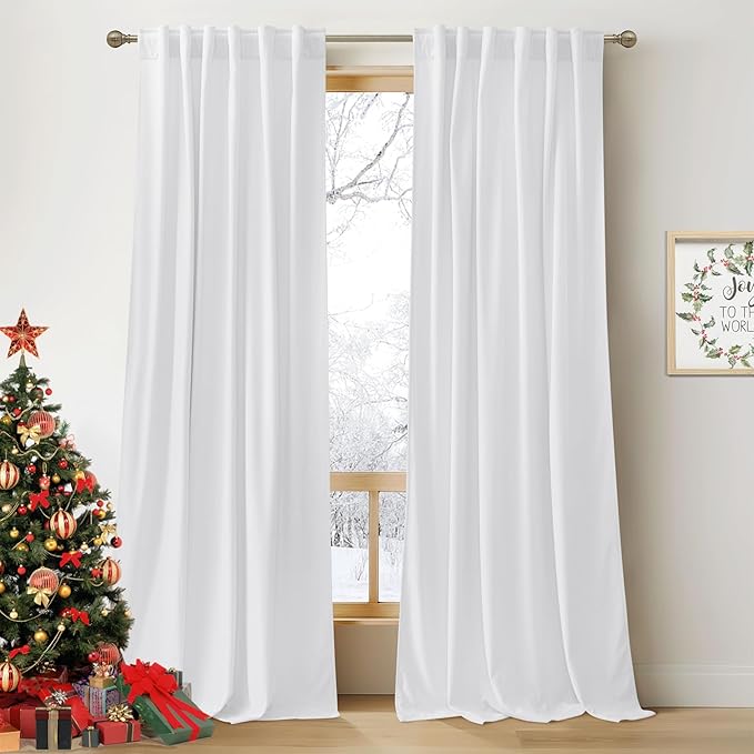 RYB Home Velvet Curtains 90 inches - Back Tab Pure White Plush Soft Window Curtain Panels Light Reducing Minimalist Modern Home Decor for Bedroom Kids Room Office, W52 x L90, 2 Panels Set