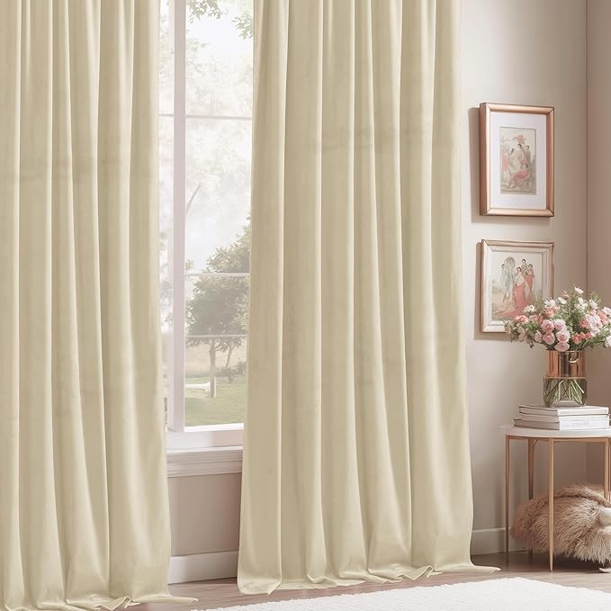 StangH Beige Nursery Bedroom Curtains Extra Wide 60 inches Velvet Doorway Curtains Thermal Insulated Privacy Assured Panels for Dining Living Room/Patio Sliding Door, W62 x L90, 2 Panels