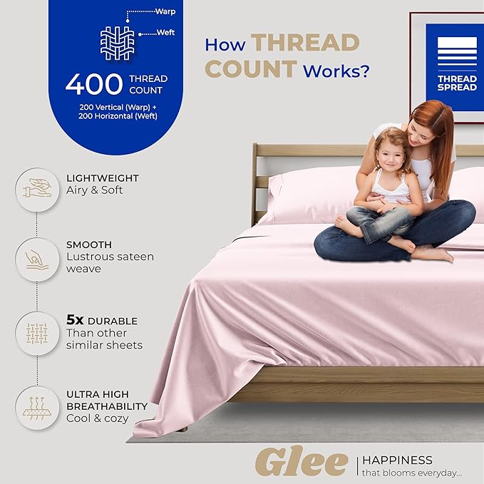 THREAD SPREAD 100% Cotton Bed Sheets Queen Set - 400 Thread Count Cotton Queen Sheets Only, 4 PC Set (Blush), Ultra Soft, Breathable, Cooling, Sateen Weave 16" Deep Pocket Bedsheet for Hot Sleepers