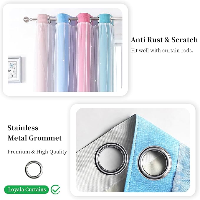 Star Blackout Curtains for Bedroom - Cute Kids Rainbow Curtains, 84 Inch Long 2 Panels, Beige & Blue & Pink, 42 x 84 Inch