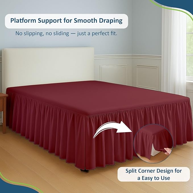 Rajlinen Ruffled Bed Skirt Full, 21 Inch Drop Dust Ruffle with Split Corners, 100% Microfiber Bedskirt with Platform, Three-Sided Coverage Ruffled Gathering Design, Burgundy