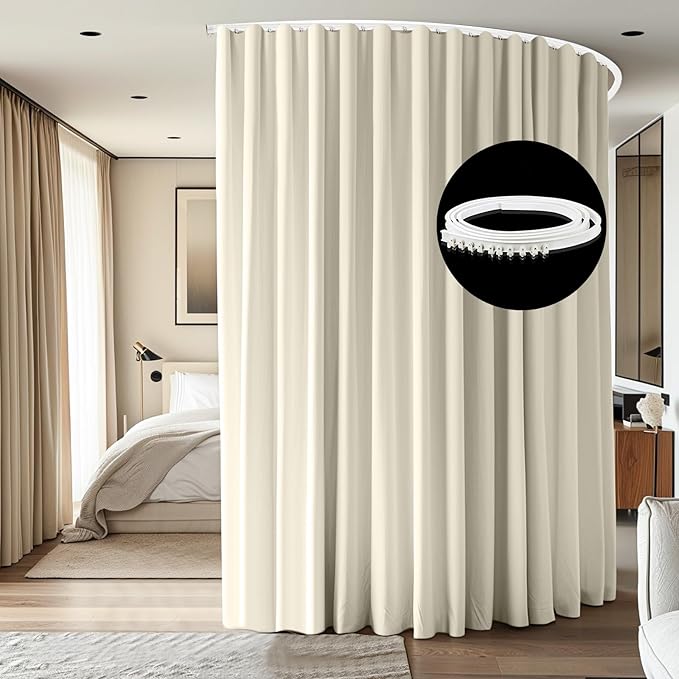 Room Divider Ceiling Mounted Curtains Track Sets Extra Wide Blackout Curtain Flexible Tracks for Bedroom Privacy Partition Separator, 1 Panel Beige Drape and White Rail, W10 x H9ft