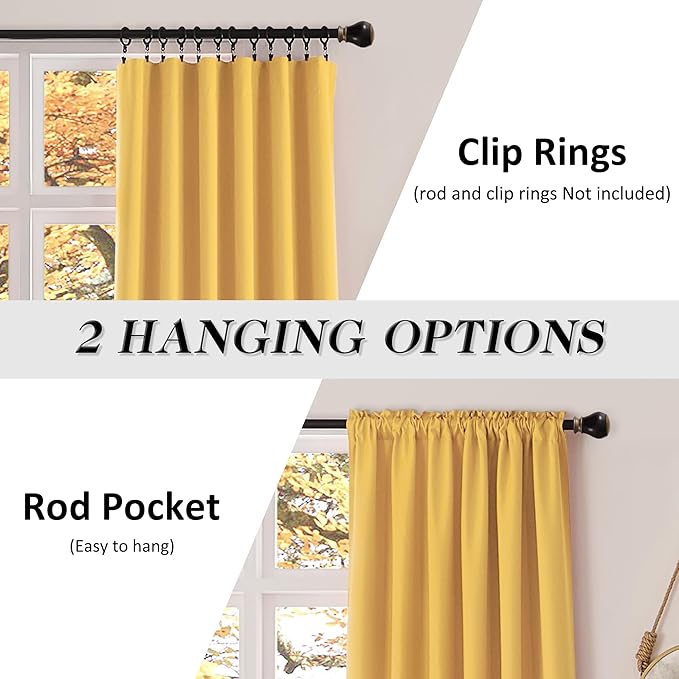 DONREN Extra Long 108 inch Length Blackout Curtains for Large Windows,Rod Pocket Soft and Touching Living Room Sweep to Floor for Villa (Yellow,2 Pack,52 W by 108 inches Long)