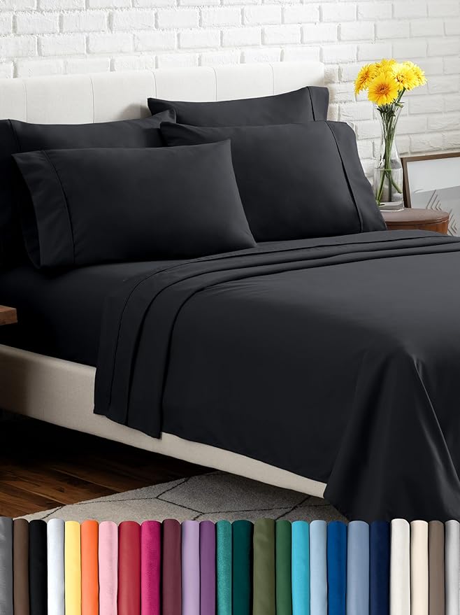 Bare Home Hotel Luxury Full Sheet Set, Extra Soft - 6 Piece Set - Deep Pockets - Easy Fit - Cooling & Breathable - Wrinkle, Fade, Stain Resistant - Includes 4 Pillowcases (Full, Black)