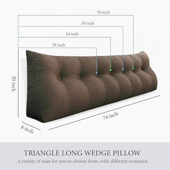 homecozy Wedge Headboard Pillow Dorm Room Reading Pillow Back Support for Sitting Up in Bed Bolster Lumbar Cushion Body Positioning Bedrest Cotton Linen 54in Coffee Full