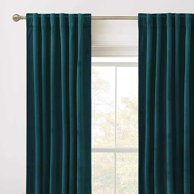 RYB HOME Teal Velvet Curtains 100 inches, Back Tab Soft Fabric Room Darkening Thermal Insulated Luxurious Home Decor Curtains for Living Room Bedroom, W 52" x L 100", 2 Panels Set