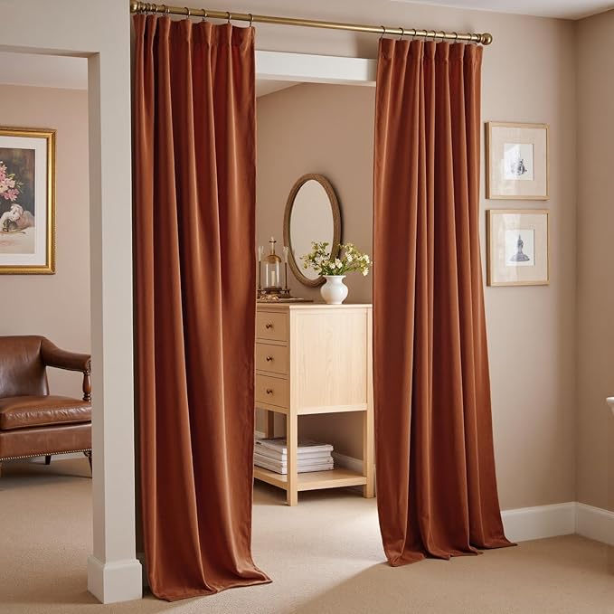 Lazzzy Burnt Orange Velvet Curtains 108 Inches Long Blackout Thermal Insulated Room Darkening Lined Curtain Drapes Back Tab Window Treatments for Bedroom Living Room 2 Panels,52 x 108 Inch, Caramel