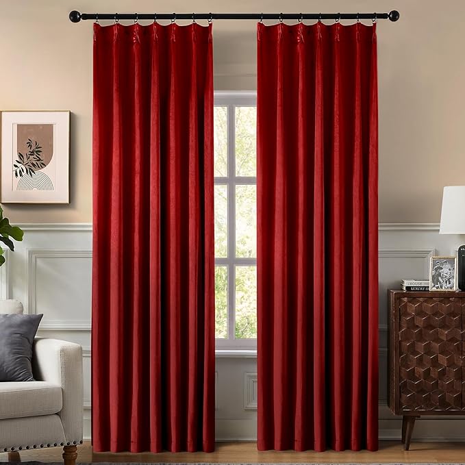 Pinch Pleated 100% Blackout Curtains for Bedroom, Red Velvet Curtains for Living Room, Black Out Curtain 108 inch Long Room Darkening, Blackout Pinch Pleat Drapes with Hooks 2 Panels