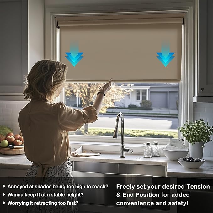 HESTIA No Drill Cordless Blackout Roller Shades Screwless Waterproof Shower Window Blinds, Auto-Retraction Easy Install Blind for Bathroom/Kitchen/Office/Exterior, Greige, 22.5" W x 72" H