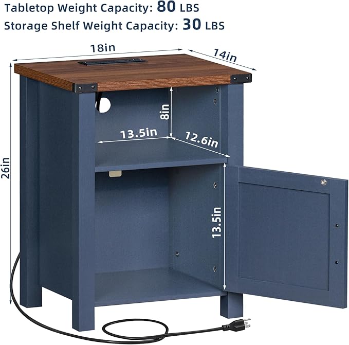 Joaxswe Night Stand with Charging Station and USB Port, 18 Inch Farmhouse Nightstand with Storage Shelf, Rustic Couch End Table with Magnetic Door, Wood Bed Side Tables for Bedroom, Home, Nayv Blue