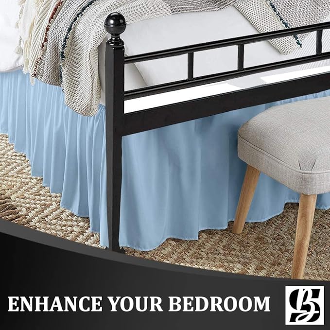 SKY BEDDINGS - Queen Size Ruffled Bed Skirt with Split Corners - 16 Inch Drop Dust Ruffle Bed Skirt with Platform Three Sided Coverage - 100% Microfiber, Light Blue