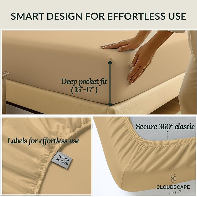 Cloud Scape Linen 100% Egyptian Cotton Sheets for Queen Size Bed, 400 Thread Count, 4 Pieces Bedding Set, Hotel Quality, Silky Soft, Deep Pockets up to 17”, Linen