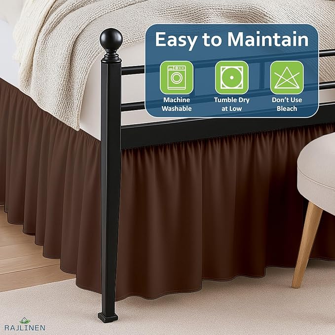 Rajlinen Ruffled Bed Skirt Twin, 10 Inch Drop Dust Ruffle with Split Corners, 100% Microfiber Bedskirt with Platform, Three-Sided Coverage Ruffled Gathering Design, Chocolate