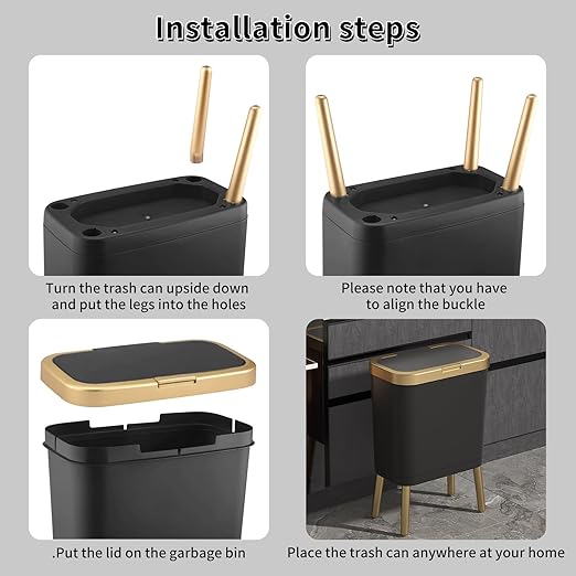 Procade 2Pack Trash Can with Lid, Modern Bedroom Garbage Can with Gold Edge, Slim Kitchen Garbage Bin，4 Gallon Trash Bin Plastic Waste can for Office, Living Room,Toilet,Bathroom (Black+White)