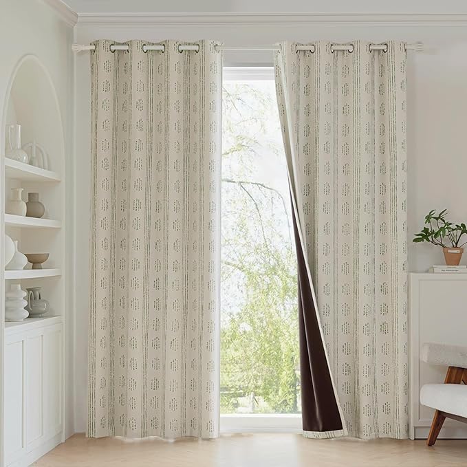 100% Boho Blackout Curtains 84 Inches Long for Bedroom, Green on Beige Patterned Bohemian Curtains for Living Room, Geometric Striped Thermal Insulated Window Drapes Gromment Top 2 Panels