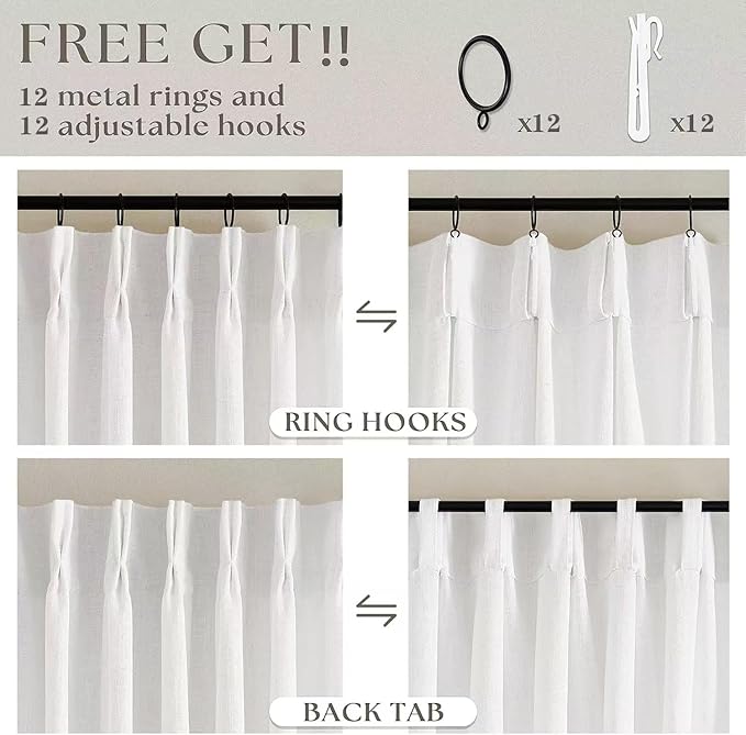 Extra Wide Pinch Pleat Curtains 120 Inches Long for Patio Sliding Glass Door White Linen 70 Inch Wide Curtain Memory Trained Pleated Drapes with Hooks Rings Semi Sheer 70x120 Curtain for Large Window