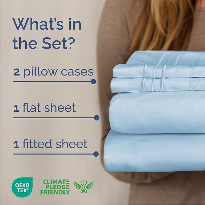 Queen Size 4 Piece Sheet Set - Comfy Breathable & Cooling Bed Sheets Set - Hotel Luxury Bedding for Women, Men, Kids, Teens, Boys & Girls - Deep Pockets, Soft and Wrinkle Free - Oeko-Tex - Light Blue