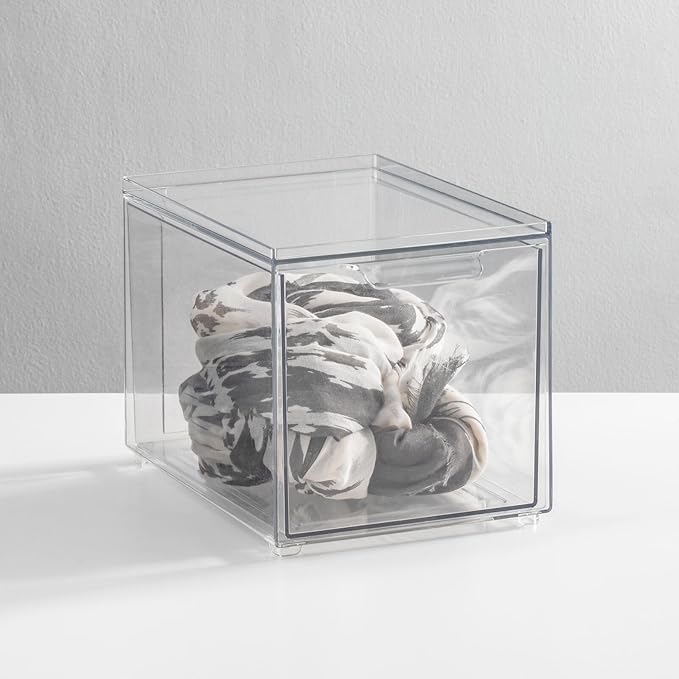 mDesign Plastic Closet Organizer Bin w/Pull Out Drawer - Slim Stackable Storage for Closet - Organization for Accessories, Bags, Totes, Small Linens, and More - Lumiere Collection - 2 Pack - Clear
