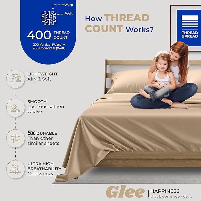 THREAD SPREAD 100% Cotton Sheets Twin Size - 400 Thread Count Cotton Bed Sheets Twin, 3 PC Set (Taupe), Luxury Soft, Breathable, Cooling, Sateen Weave 16" Deep Pocket Bedsheet for Dorm Rooms