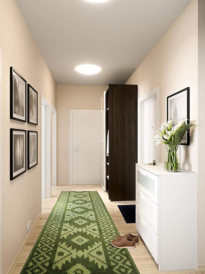 Custom Length Hallway Runner Rug,Slip Resistant,Southwestern Green, 26 Inch X 8 feet, Sold and Priced Per Foot