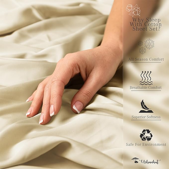 URBANHUT 800 Thread Count 100% Cotton Queen Size Sheets, Luxury 4 Piece Queen Bedsheets, Hotel Sheets Sateen Finish - Better Than Egyptian, 16" Elasticized Deep Pocket - Sand