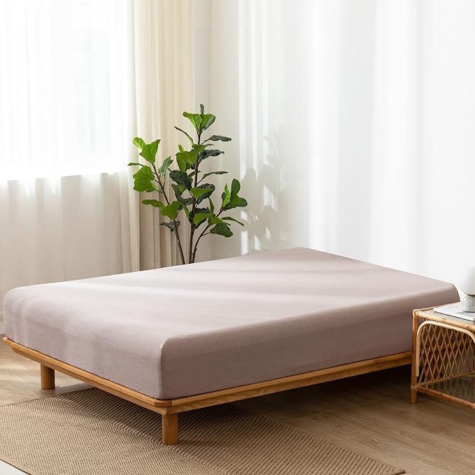 MooMee Fitted Bottom Sheet Only 100% Washed Cotton Linen Like Textured Breathable Durable Soft Comfy Deep Pocket Fits Mattress up to 17" (Mauve Brown, King)
