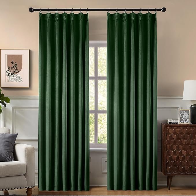 Pinch Pleated 100% Blackout Curtains for Bedroom, Olive Green Velvet Curtains for Living Room, Black Out Curtain 108 inch long Room Darkening, Blackout Pinch Pleat Drapes with Hooks 2 Panels
