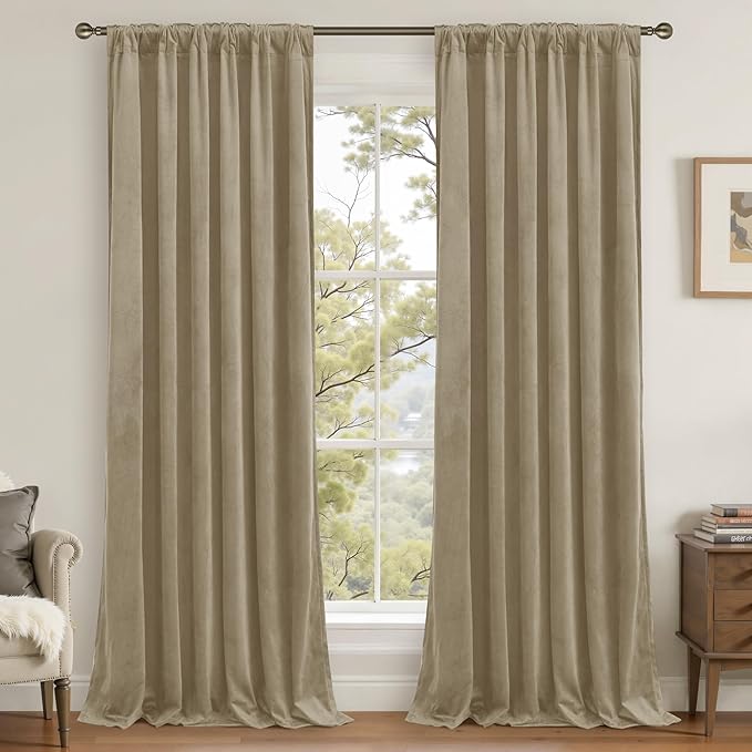 LAMIT Velvet Curtains 90 Inch for Living Room, Dark Taupe Thick Thermal Insulated Drapes Vintage Room Darkening Farmhouse Back Tab and Rod Pocket Panels for Bedroom, 2 Panels, 52 x 90 Inch