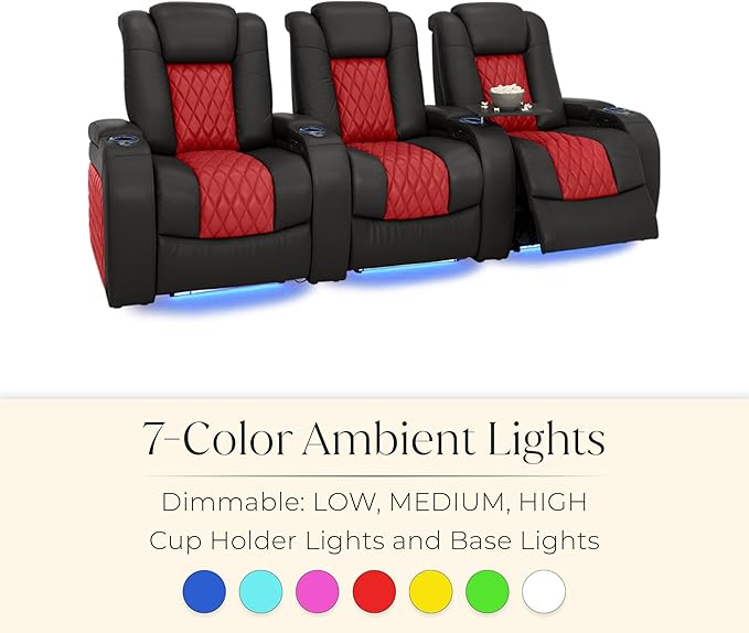 Seatcraft Diamante Zero-Gravity CoolZero Italian Leather Home Theater Seating, Power Headrest, Power Recline, Row of 4 Right Loveseat, Black/Red