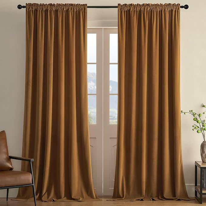 Joydeco Camel Brown Velvet Curtains 84 inch Length 2 Panels, Luxury Blackout Rod Pocket Thermal Insulated Window Curtains, Super Soft Room Darkening Drapes for Living Room Bedroom,W52 x L84 inches