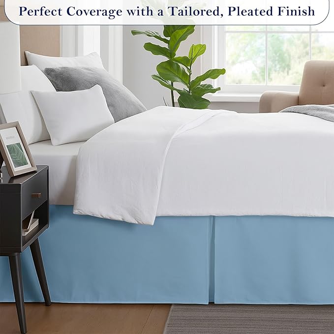 Queen Bed Skirt, Luxury 21 Inch Drop Light Blue Pleated Bed Skirt, Double Brushed Microfiber, Box Pleat Design, Wrinkle & Fade Resistant, Easy Fit Tailored Bedskirt for Queen Size Beds