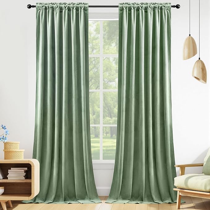 Sage Green Velvet Curtains for Bedroom, Thermal Insulated Room Darkening Luxury Blackout Curtains 90 Inches Long Back Tab Rod Pocket Window Drapes for Living Room Nursery, W52 x L90, 2 Panels