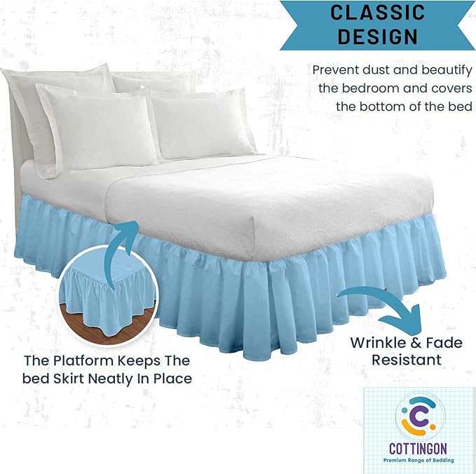 Cottingon Ruffled Bed Skirt with Split Corners-Dust Ruffle - 22" Drop 100% Microfiber Soft,Sheen & Luxurious Look - Bed Skirts (Light Blue -Queen)