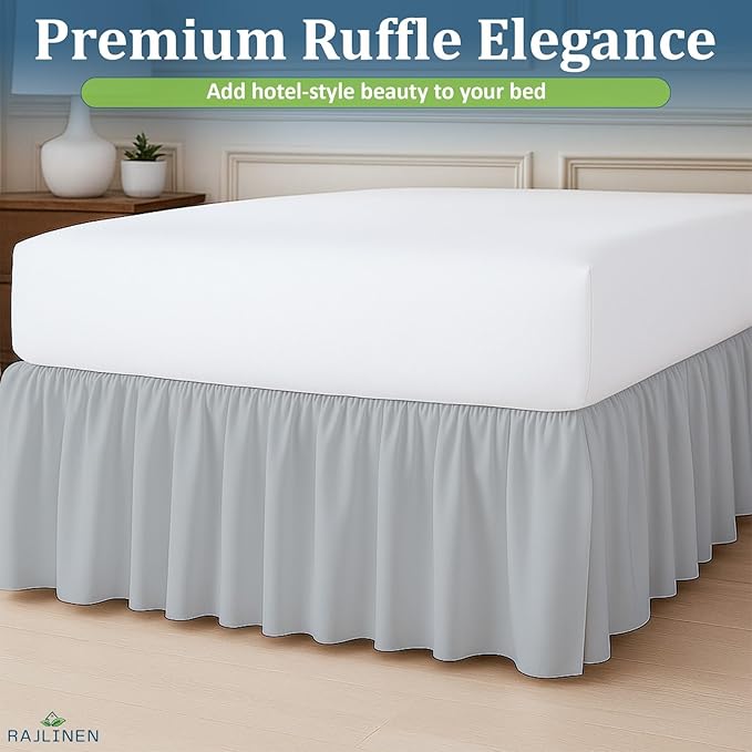 Rajlinen Ruffled Bed Skirt Twin, 8 Inch Drop Dust Ruffle with Split Corners, 100% Microfiber Bedskirt with Platform, Three-Sided Coverage Ruffled Gathering Design, Light Grey