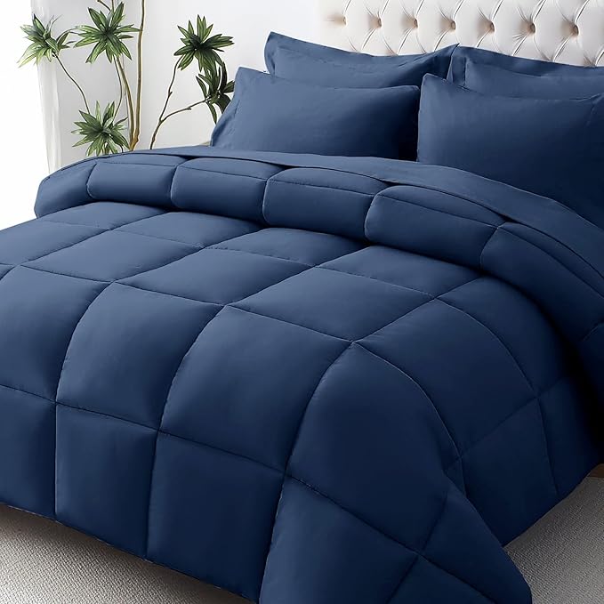 JOLLYVOGUE Full Comforter Set, Ultra-Soft Bed in a Bag Full Size 7 Pieces, Oeko-TEX Certified Bedding Set with Down Alternative Comforter, Sheets, Pillowcases & Shams, Navy