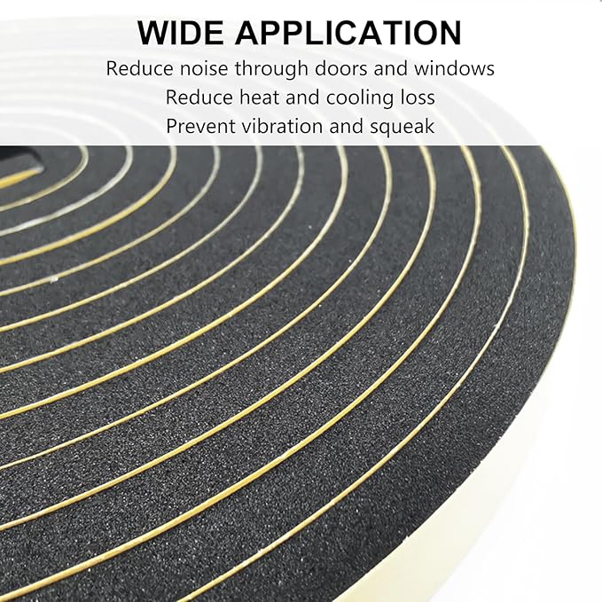 Weather Stripping Door Seal Strip, Strong Adhesive, Weatherproof, Reduce Noise, Gap Filler, Foam Insulation Tape for Doors and Windows, Black, 1 in x 1/4 in x 13 Ft